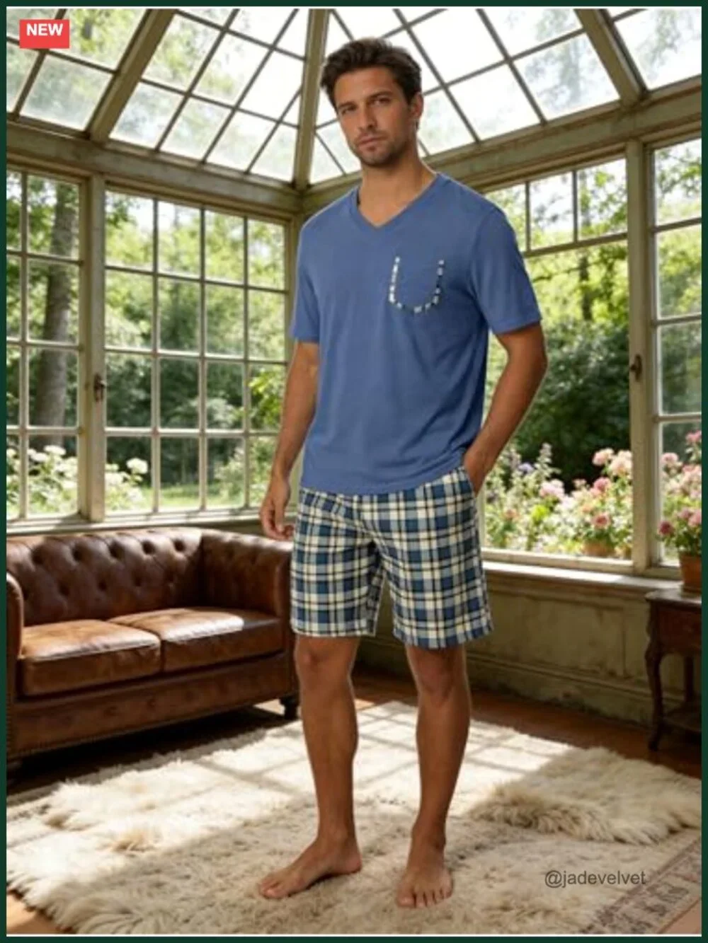 Men's Cotton Pajama Set 2 Piece Soft Sleepwear Short Sleeve Top & Plaid Shorts